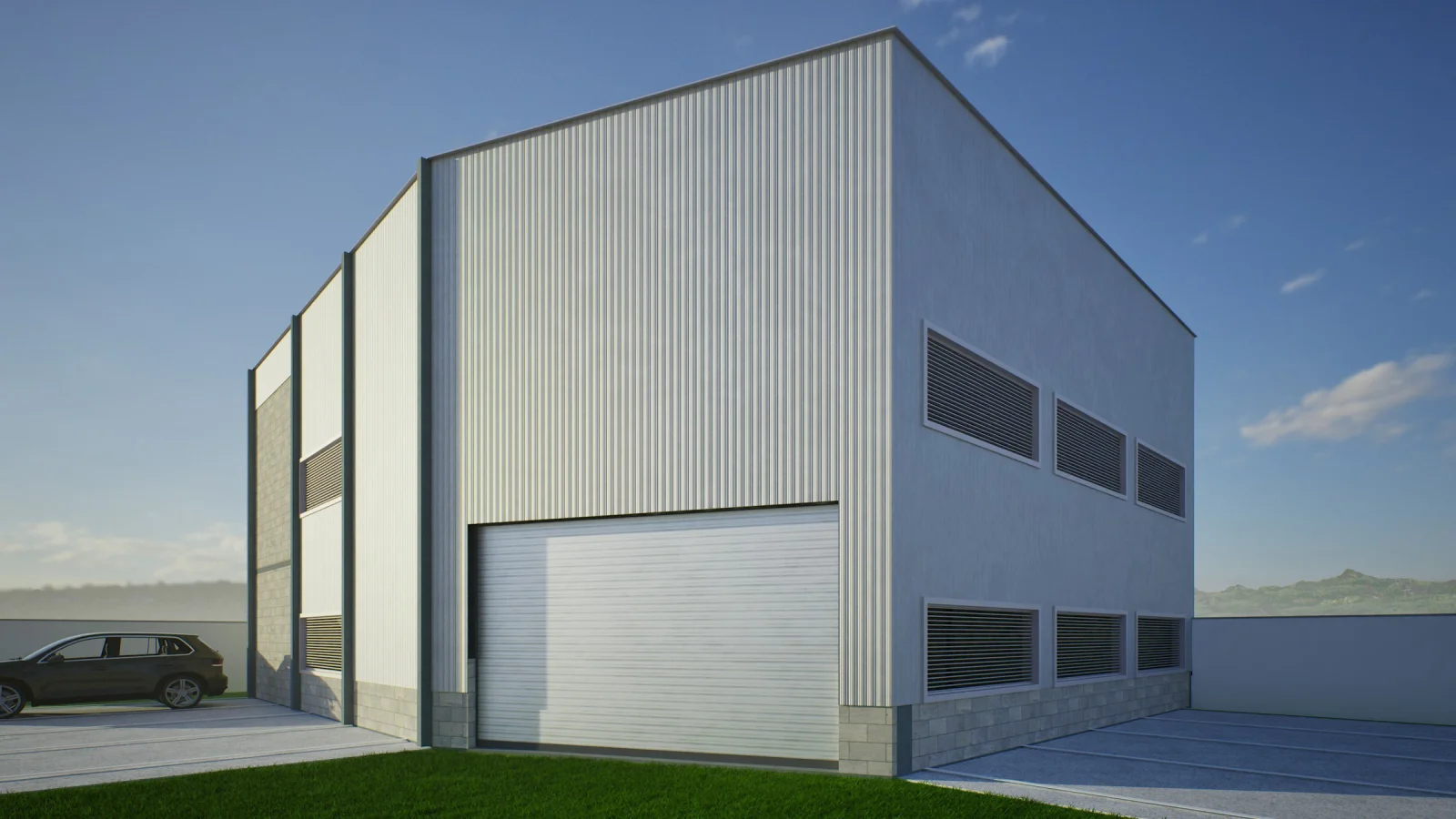 Galpón industrial de chapa con portón enrollable y rejillas de ventilación