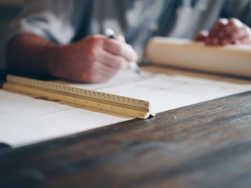 Persona dibujando un plano con regla sobre una mesa de madera